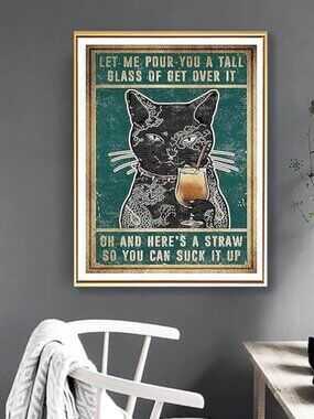 Cat with Glass+Straw Diamond Art | 20x16" Frame | Unique Gift for cat lovers